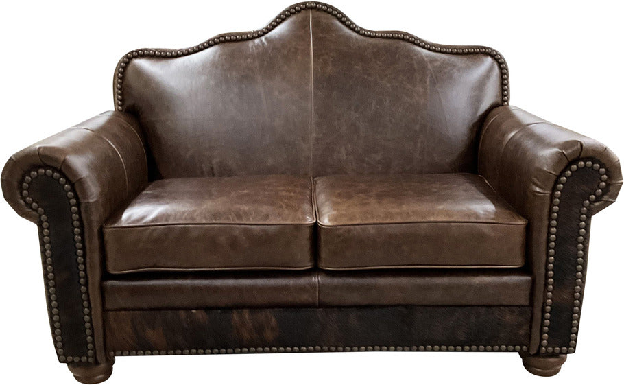 Front view of the Crowned Camelback Loveseat, upholstered in rich Kodiak Bear leather with a classic camelback silhouette and brindle cowhide accent along the bottom rail.