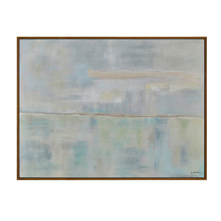 Abstract painting with a wooden frame on a white background