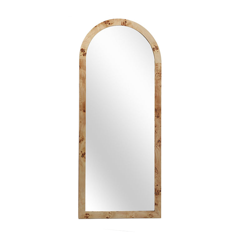 Arched wooden mirror frame on a white background