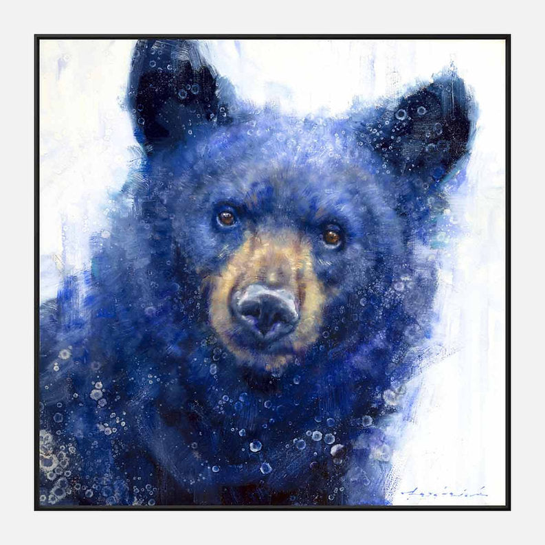 Artistic depiction of a bear with blue and white background with black frame.