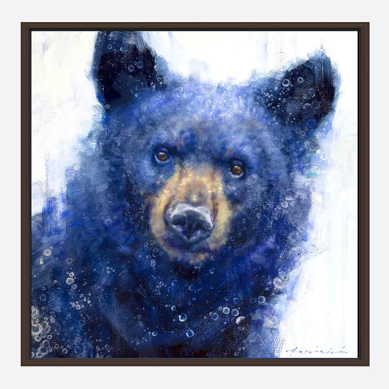 Artistic depiction of a bear with blue and white background with brown frame.