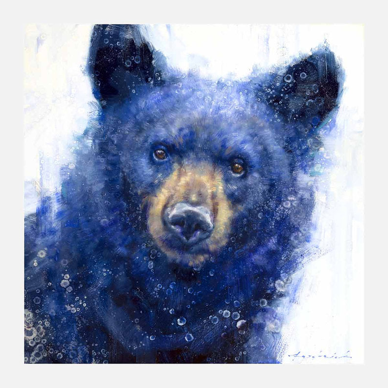 Artistic depiction of a bear with blue and white background on stretched canvas