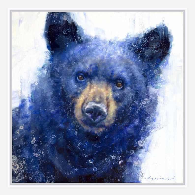 Artistic depiction of a bear with blue and white background with white frame.