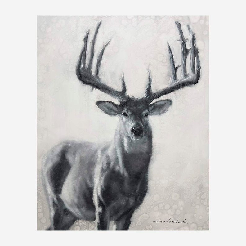 Black and white painting of a deer with large antlers on a textured background