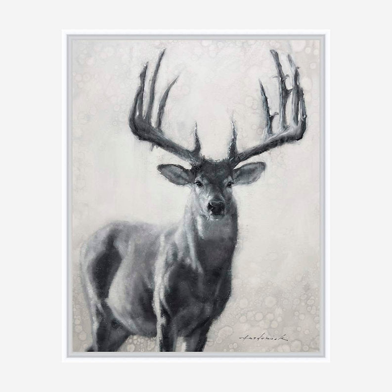 Black and white painting of a deer with large antlers on a textured background
