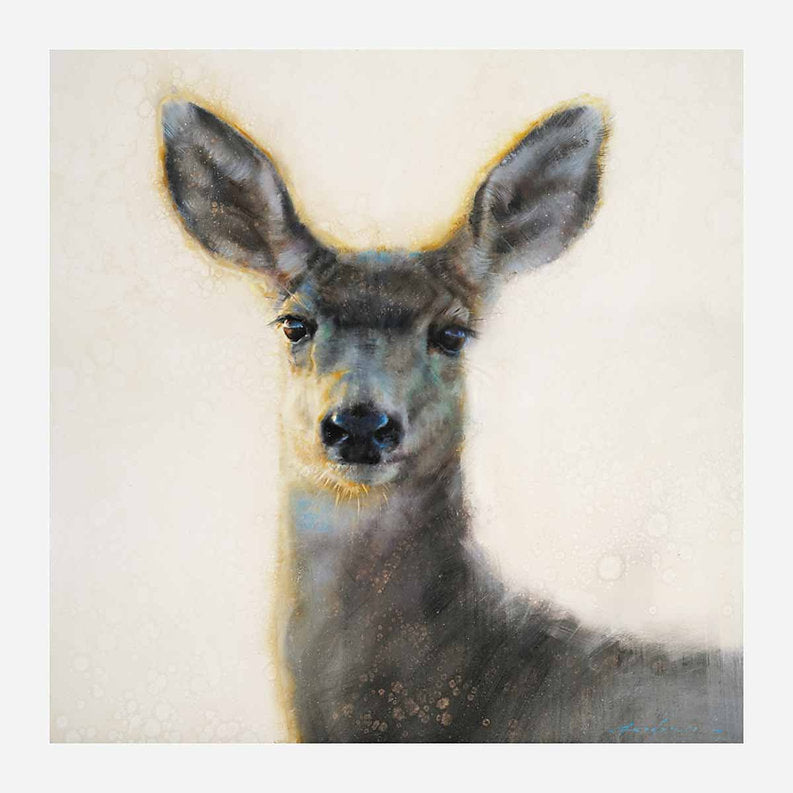 Painting of a deer's head on a textured beige background