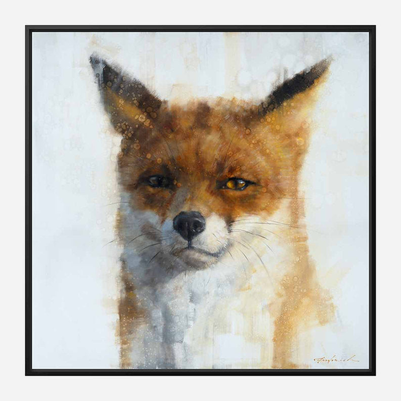 Framed artwork of a fox's face on a white background