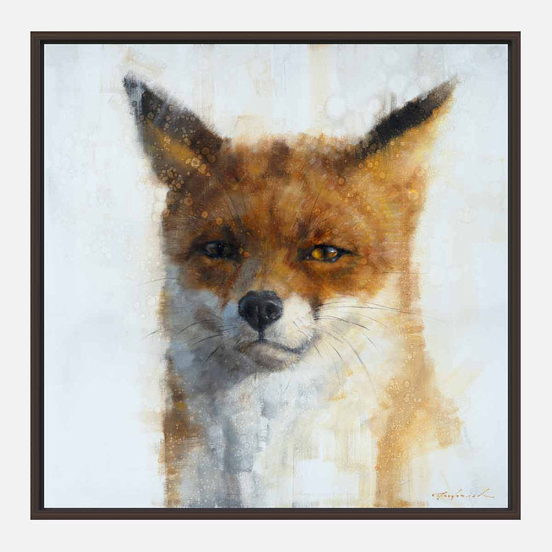 Framed artwork of a fox's face on a light background