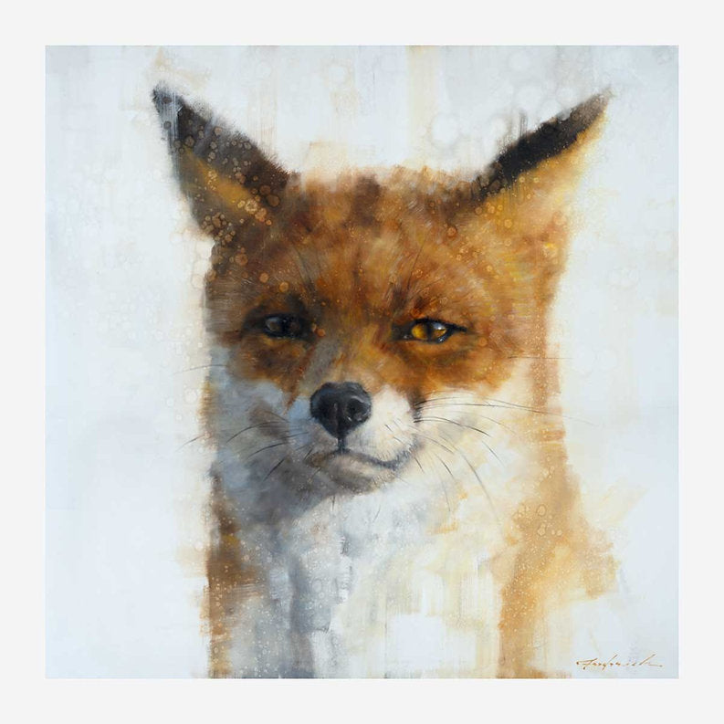 Artistic depiction of a fox in the snow