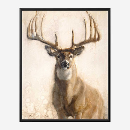 Framed artwork of a deer with large antlers on a textured beige background