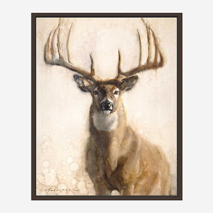 Framed painting of a deer with large antlers on a textured beige background
