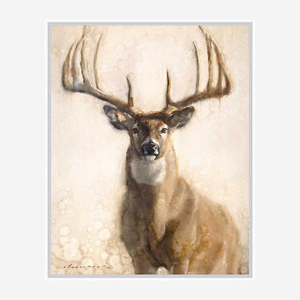 Framed artwork of a deer with large antlers on a textured beige background