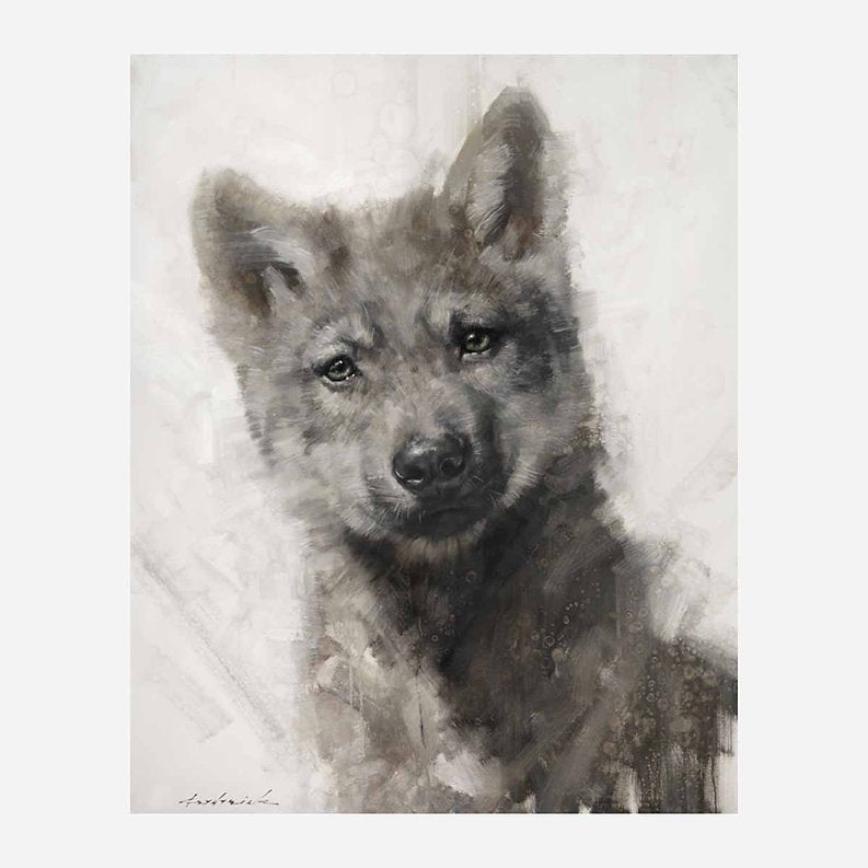 Artistic depiction of a wolf's face on a textured white background