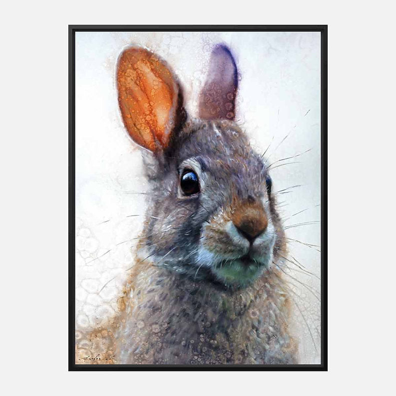 Black framed artwork of a rabbit with large ears on a white background.