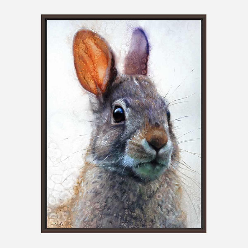 Brown framed artwork of a rabbit with large ears on a white background.