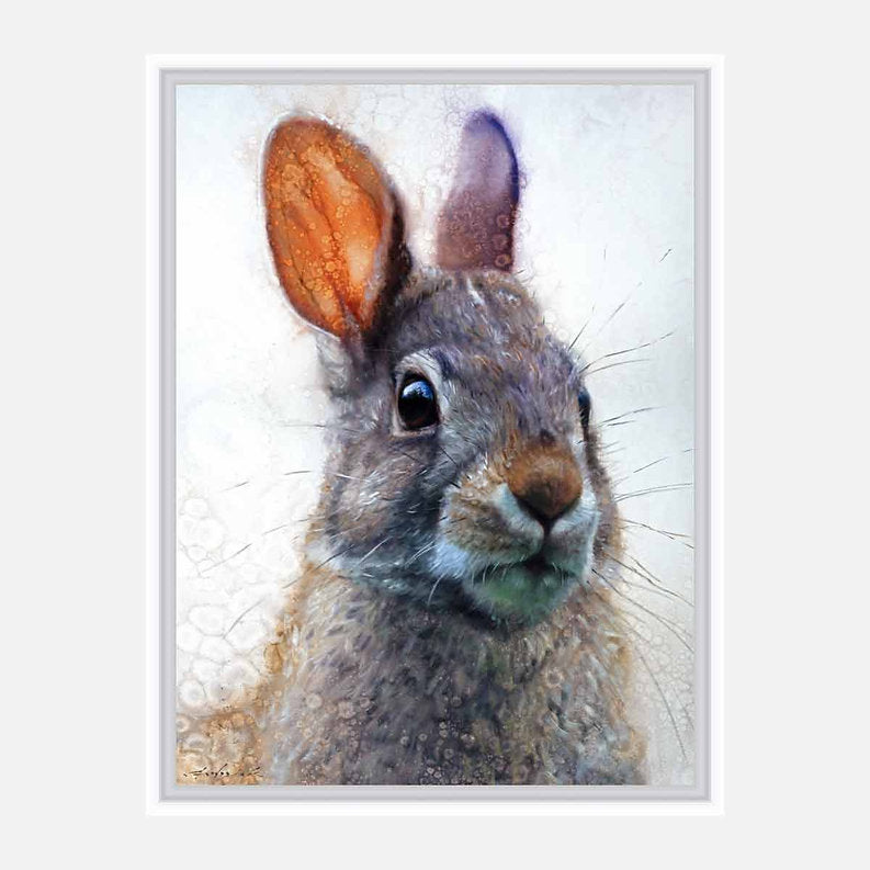 White framed artwork of a rabbit with large ears on a white background.