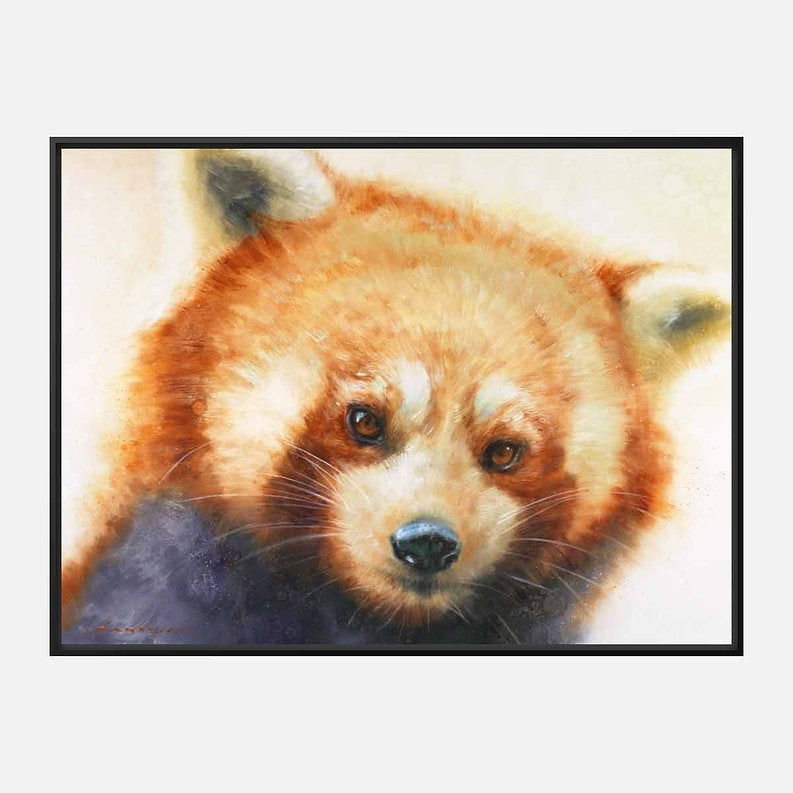 Black framed artwork of a red bear's face on a white background.