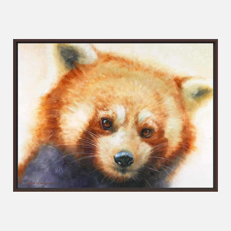 Brown framed artwork of a red bear's face on a white background.