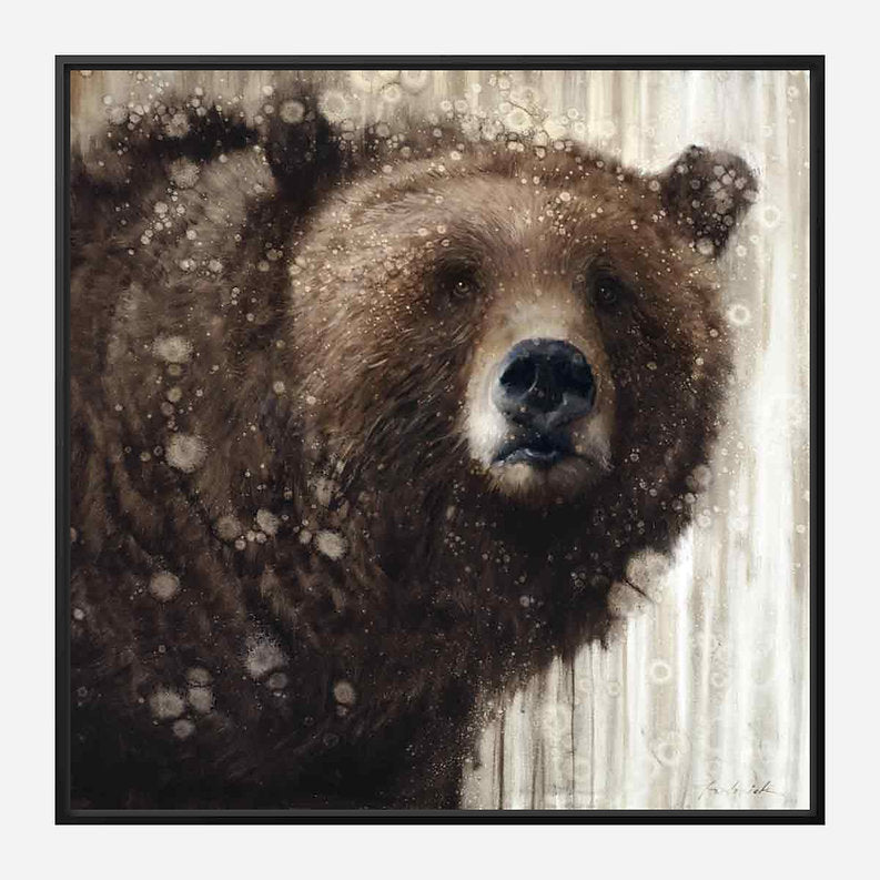 Framed artwork of a bear in a snowy landscape