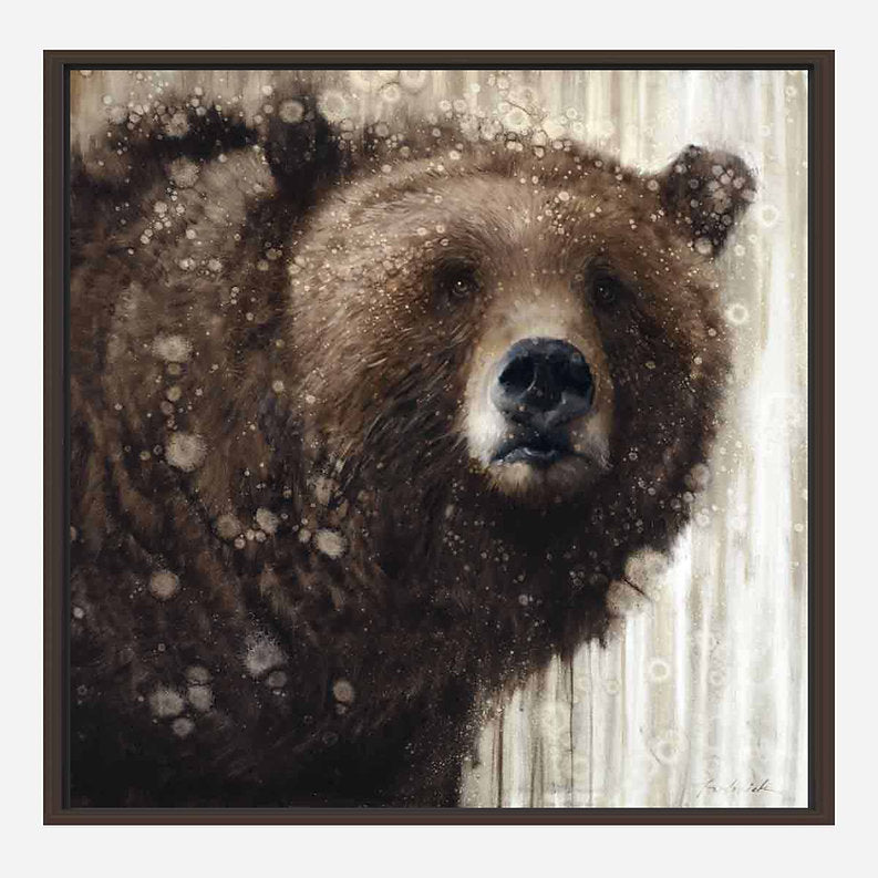 Framed artwork of a bear in a snowy landscape