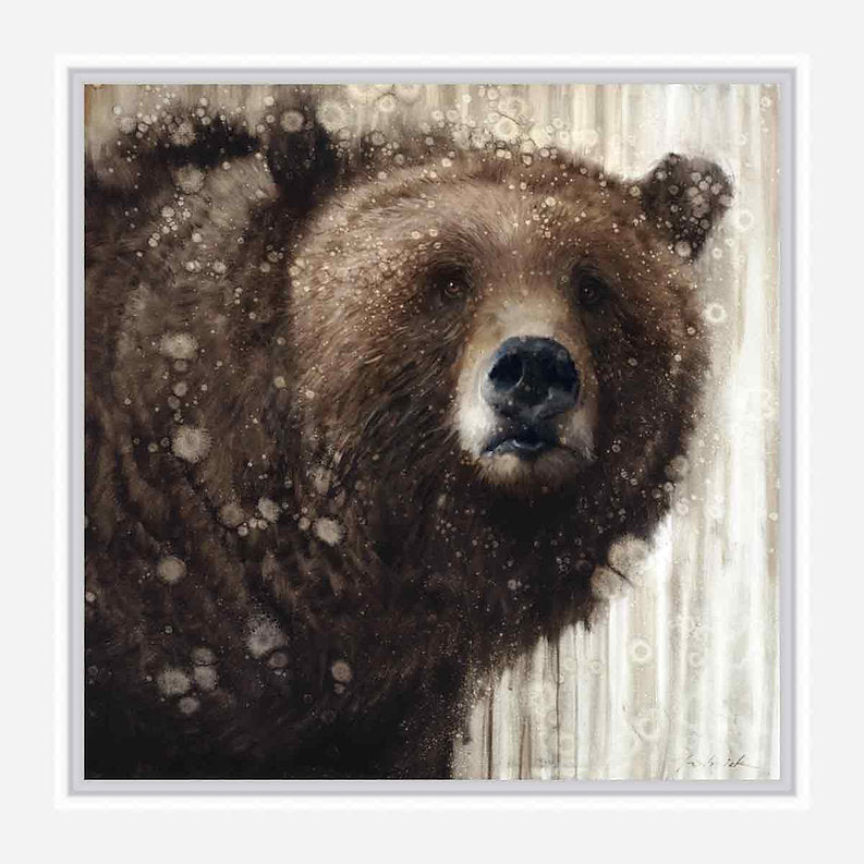 Close-up of a bear's face with snowflakes on a snowy background