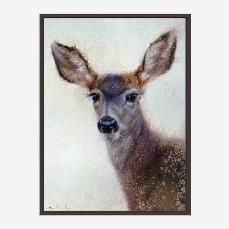 Brown framed artwork of a deer's face on a textured background