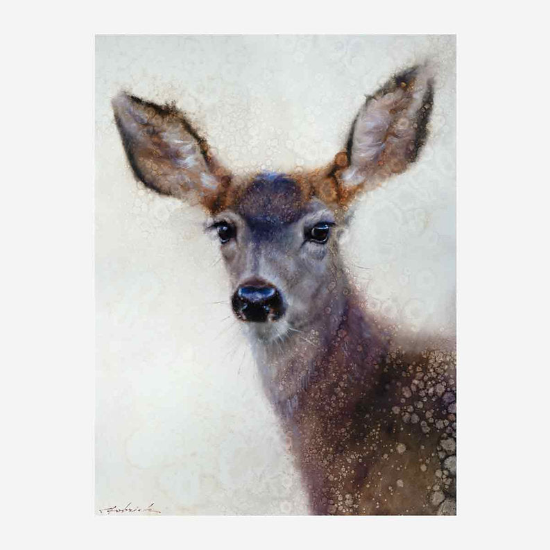 Artistic depiction of a deer's face on a textured white background