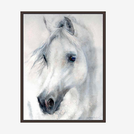 Brown framed artwork of a white horse's head on a light background