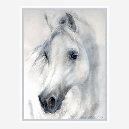 White framed artwork of a white horse's head with a soft, blurred background
