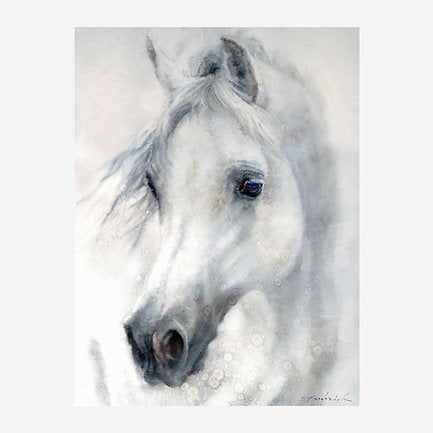 Artistic depiction of a white horse's head on a light background