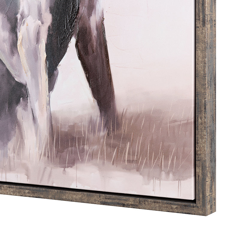 Framed abstract painting with a focus on the horse's legs and a rustic wooden frame.