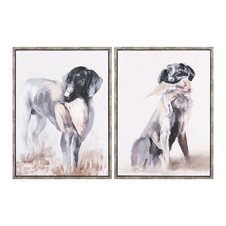 Two framed paintings of dogs on a white background