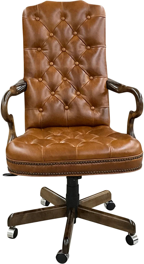 Brown leather office chair with tufted backrest on a white background