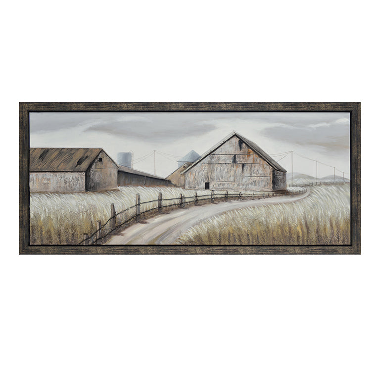 Framed artwork of a rustic landscape with barns and a road.