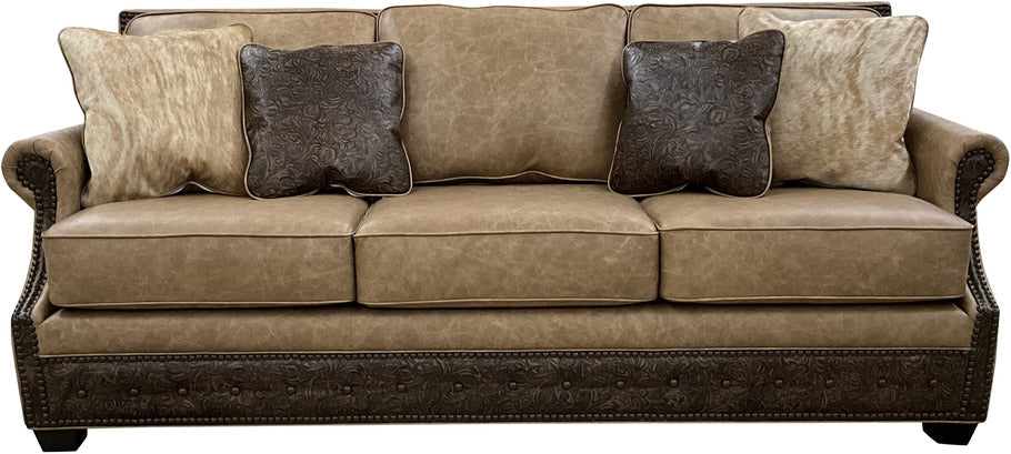 The El Dorado Sofa in Palio Camel leather with Floral Bone Black accent material, featuring a sleek straight design with rolled arms for a luxurious Western-inspired look.