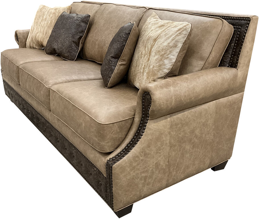 Side view of the El Dorado Sofa highlighting its elegant rolled arms, smooth leather upholstery, and timeless Western craftsmanship.