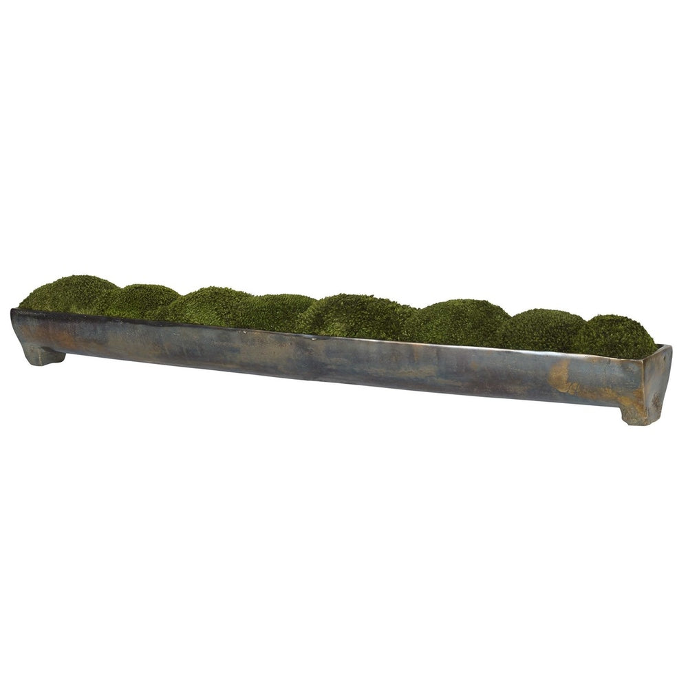 Forest moss centerpiece with rich, green moss arranged in a sleek aluminum tray with an elegant oxidized bronze color.