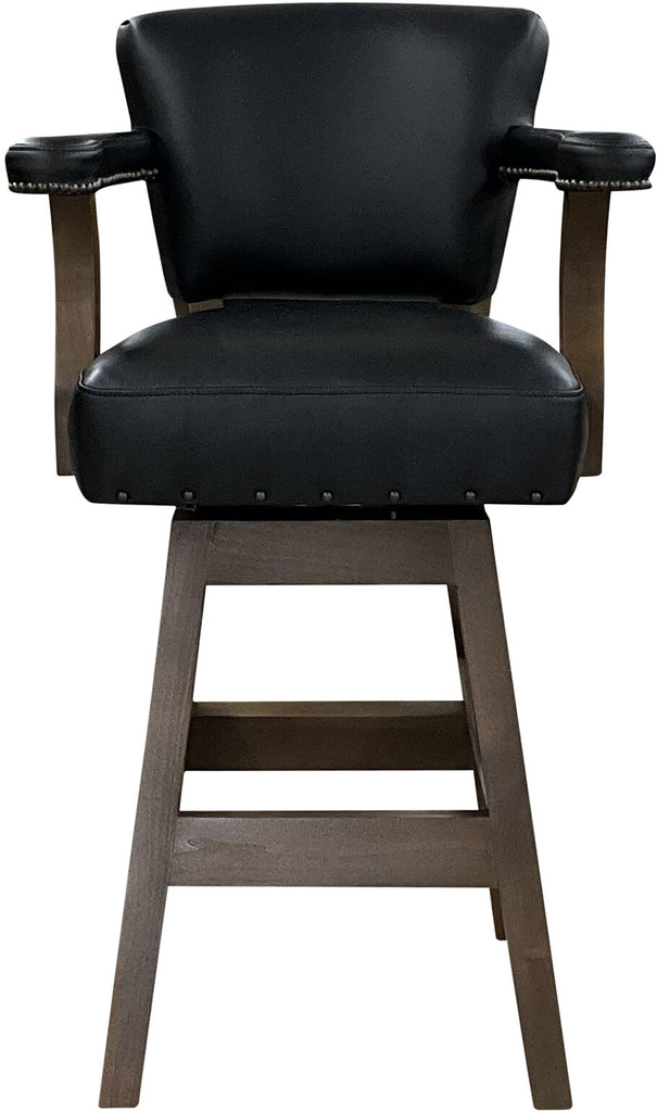 A front view of the Exotic Zebra Night Barstool, showcasing its rich Fendi Night leather seat and front panel with elegant hand-applied nailhead trim.