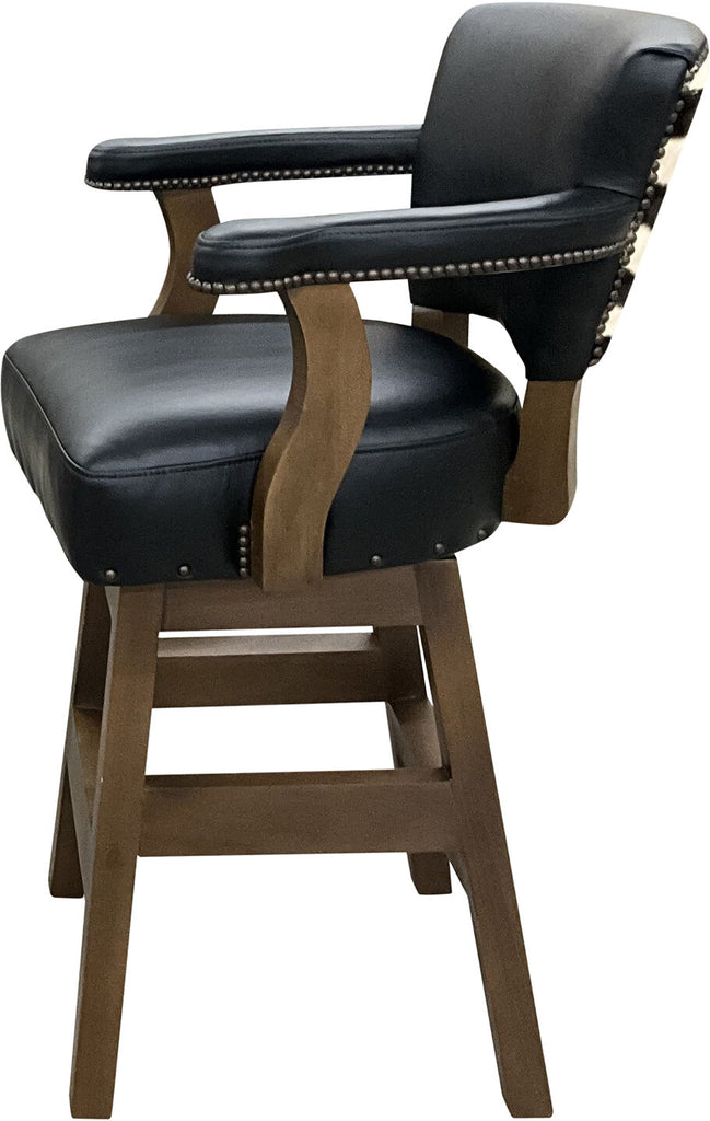 A side angle view of the Exotic Zebra Night Barstool, highlighting the contrast between the zebra hide, dark leather, and sturdy wooden legs with a footrest.