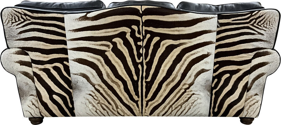 Rear view of the Exotic Zebra Sofa showcasing the full zebra hide wrap on the outside back and arms for a dramatic statement.