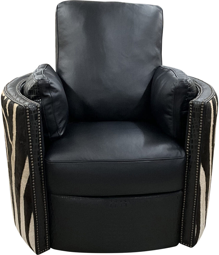 Front view of the Exotic Zebra Swivel Recliner showcasing Fendi Night leather upholstery and black gator leather accents on the front posts and recliner rail.