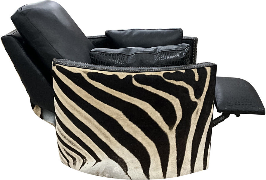 Exotic Zebra Swivel Recliner displayed in a fully reclined position, demonstrating the combination of luxurious materials and functional design.