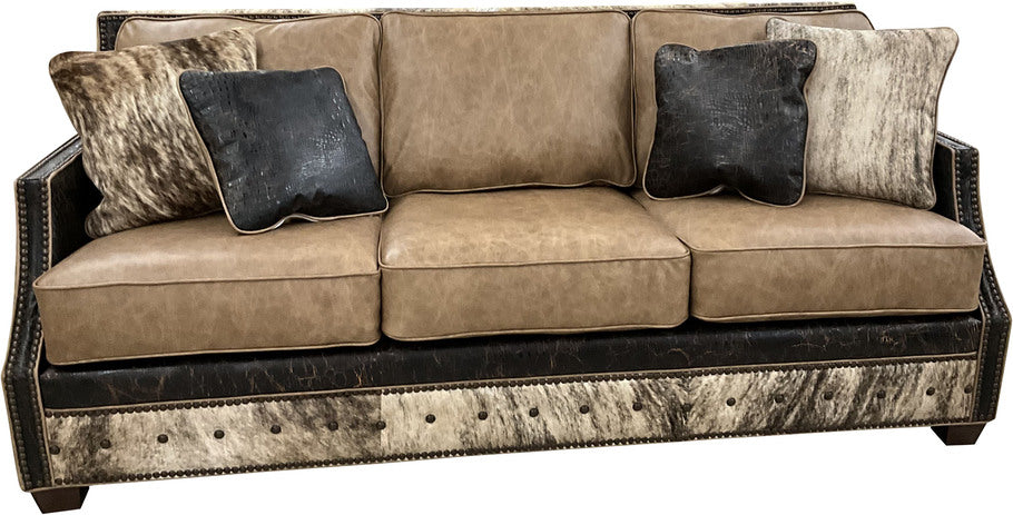 The Frio River Sofa displayed with its four included pillows, emphasizing its timeless craftsmanship, kiln-dried hardwood frame, and perfect blend of rustic charm with modern luxury.