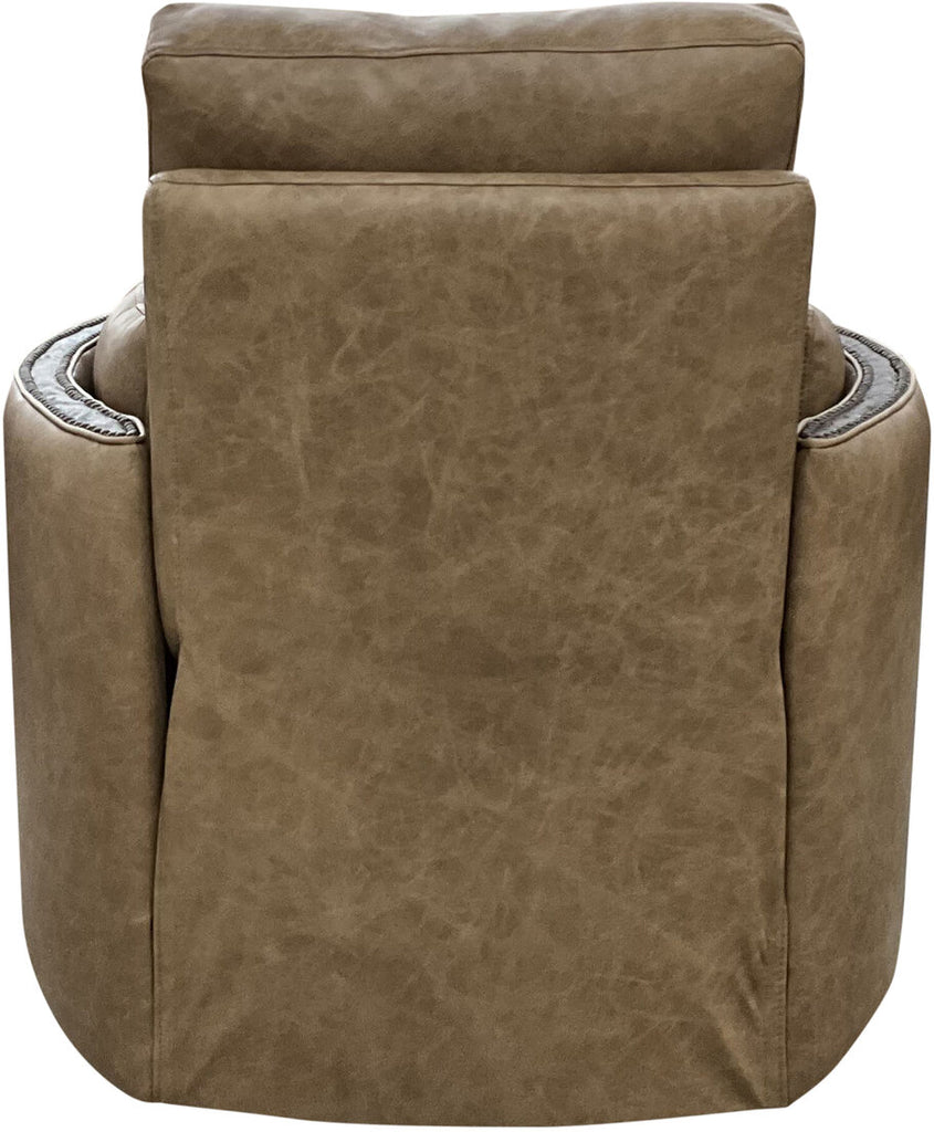 Rear perspective of the Frio River Swivel Recliner, featuring the Floral Bone Black leather accent on the backrest for a refined Western aesthetic.
