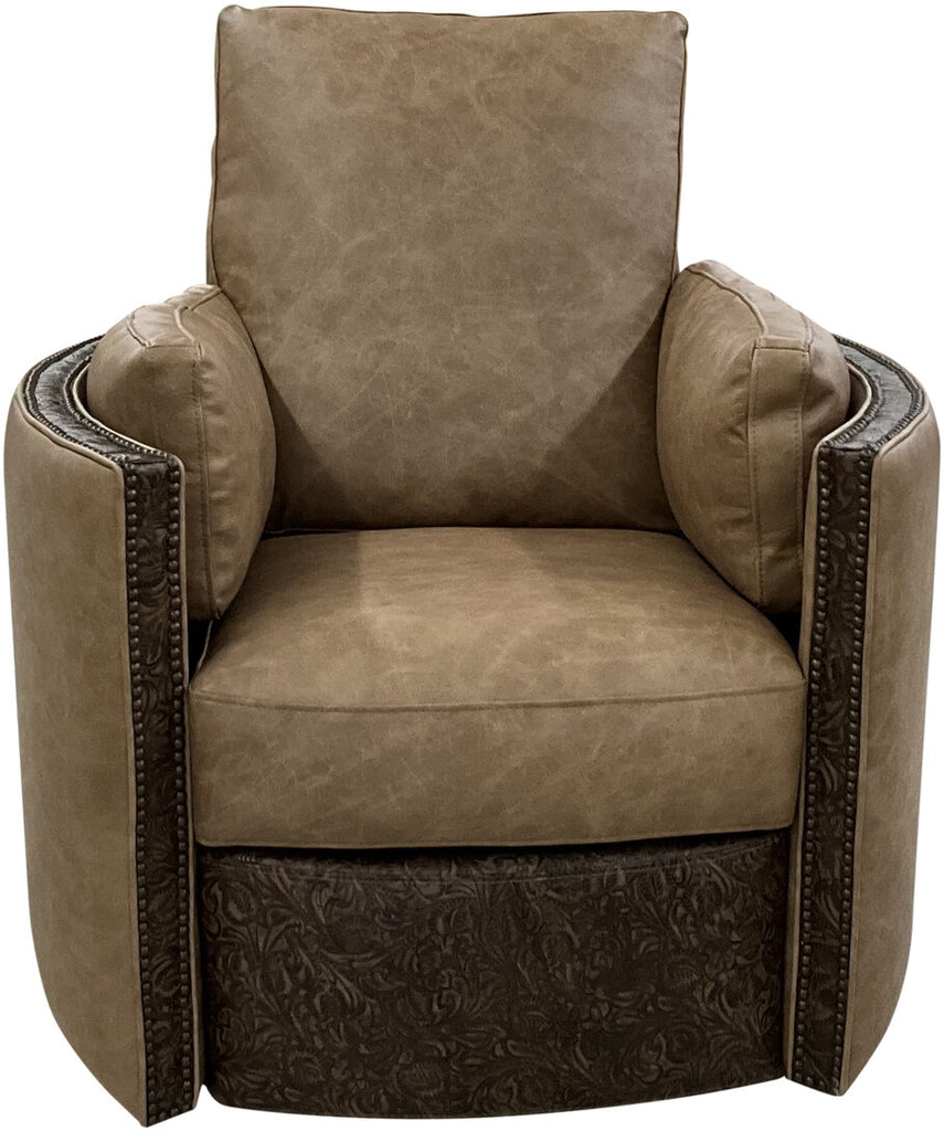 The Frio River Swivel Recliner in Palio Camel leather, showcasing its plush seating, rounded arms, and elegant Western design from a front perspective.