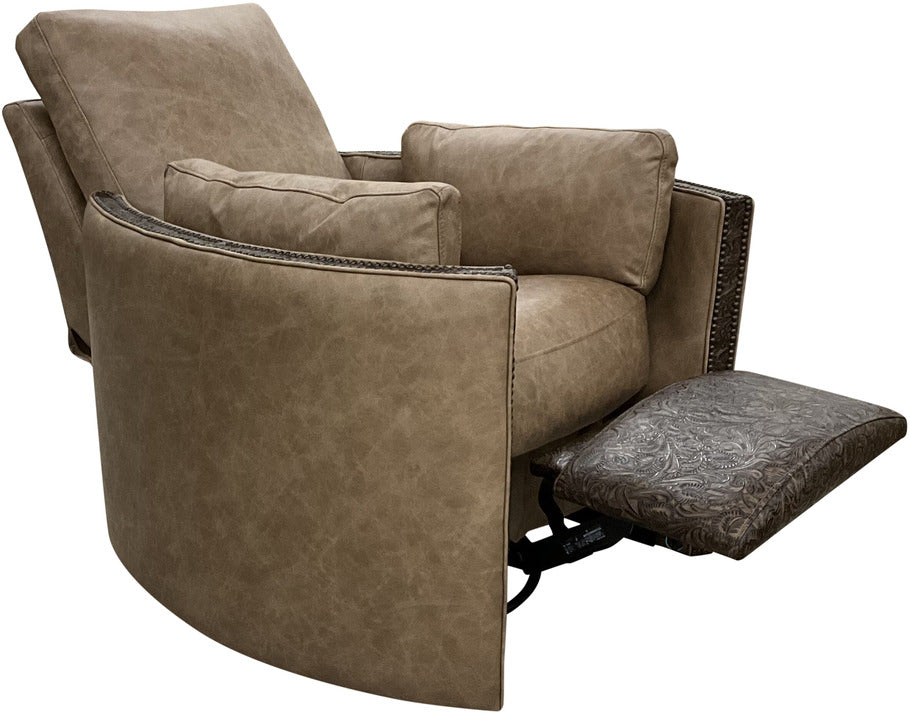 The Frio River Swivel Recliner fully reclined, demonstrating its comfort, durable leather upholstery, and supportive cushioning.