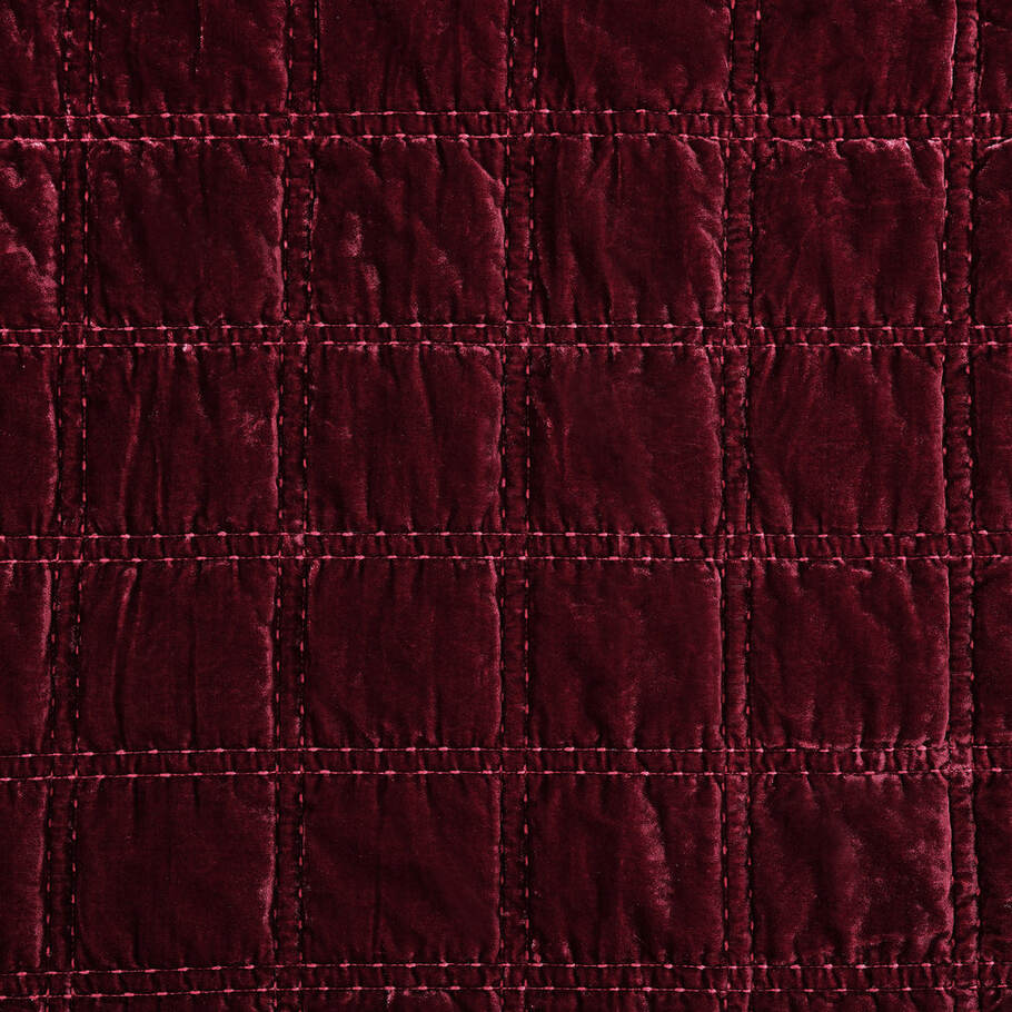 Detailed view highlighting the intricate double box stitch quilting on the Garnet Red Faux Silk Velvet Quilt, enhancing texture and depth.