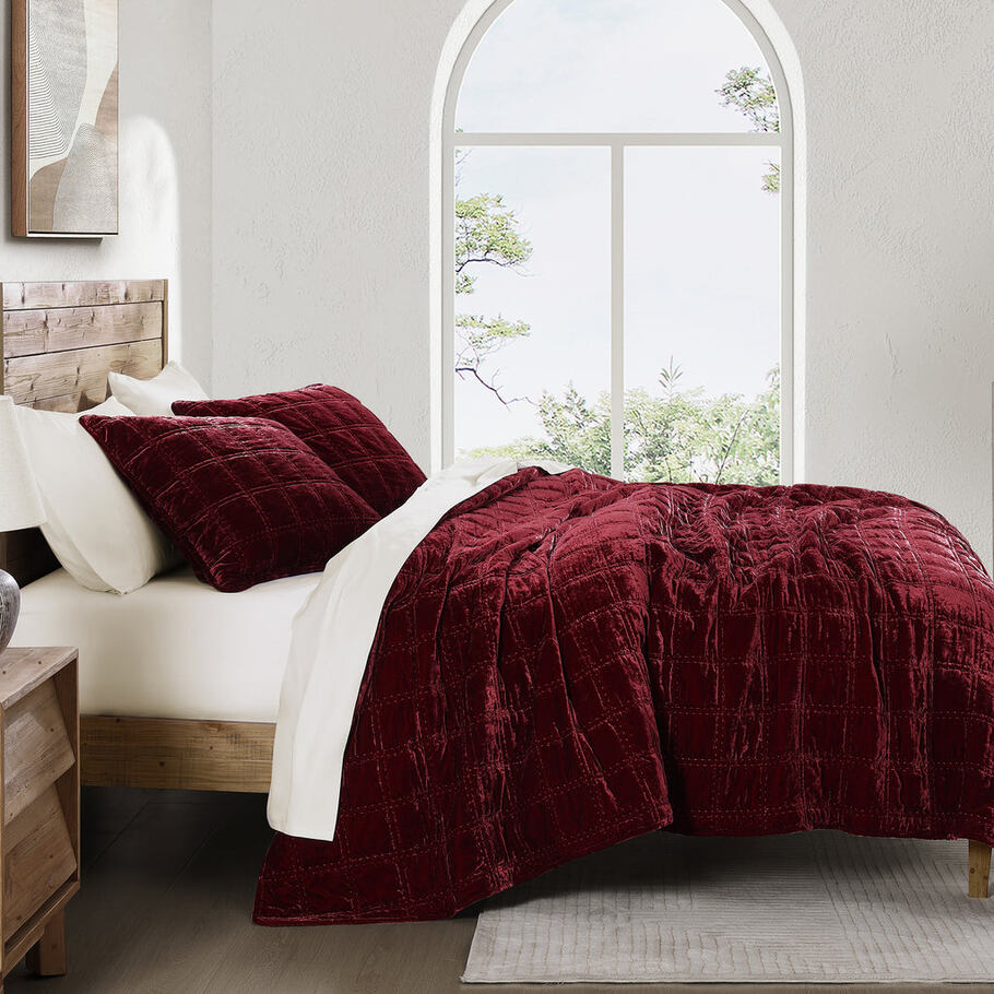 Garnet Red Faux Silk Velvet Quilt Set featuring luxurious double box stitch quilting in a deep garnet red hue.