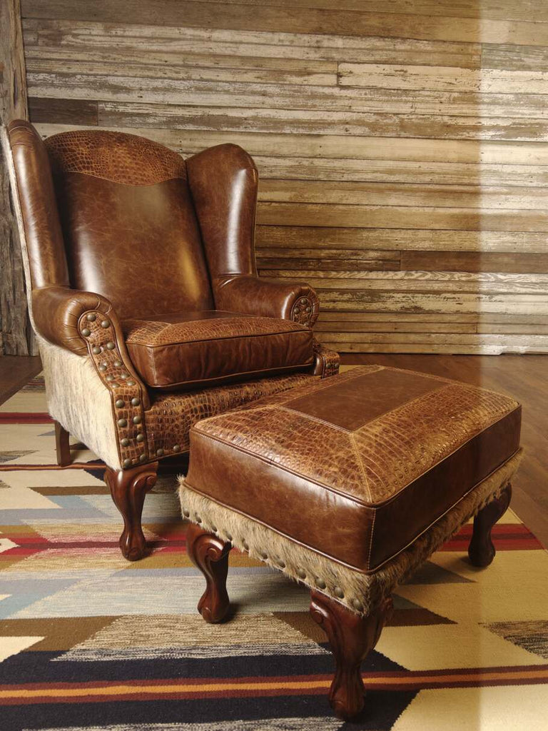 Giovanni Small Ottoman displayed alongside the Giovanni Wingback Chair, showcasing a perfectly coordinated western-style furniture set.