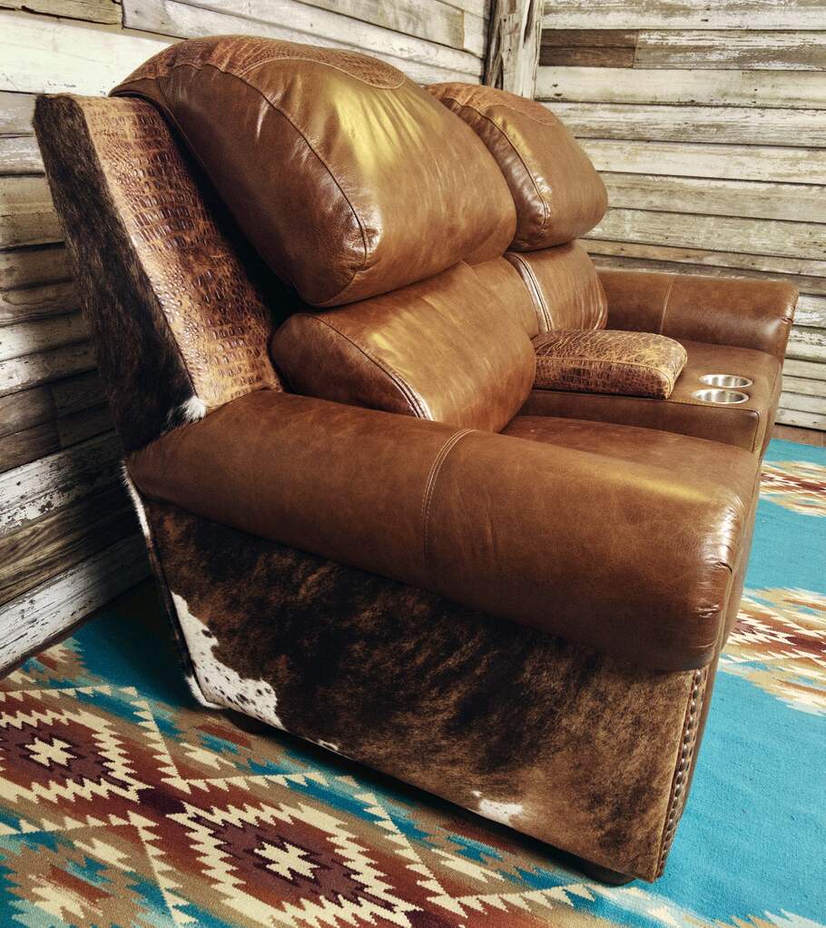 Focused image of the armrests and stitching on the Giovanni Theater Reclining Love Seat, showcasing the fine leatherwork and Western-inspired details.